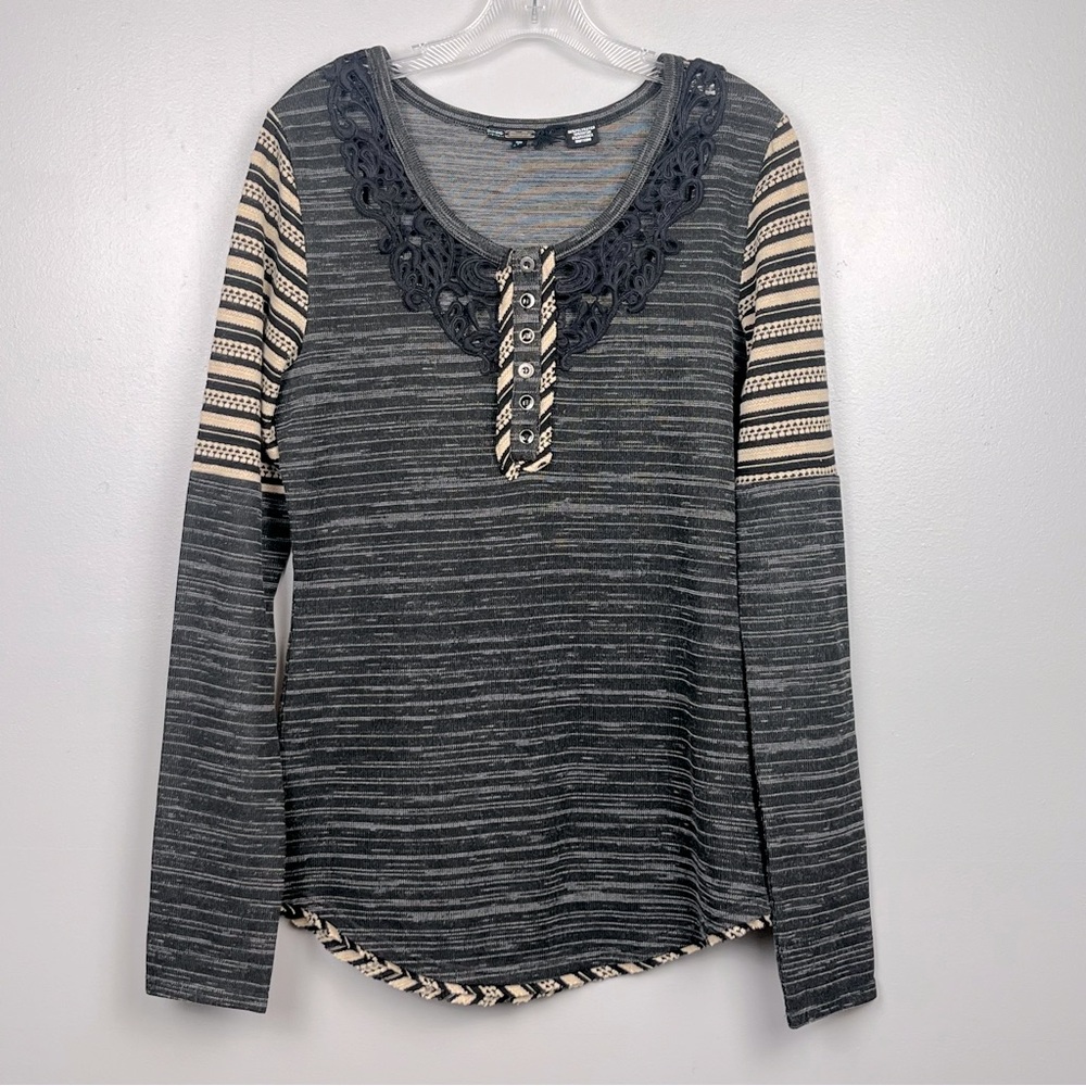 Miss Me Charcoal Gray Striped Long Sleeve Top with Cream Accent